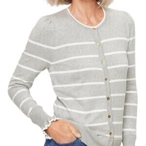 TALBOTS M Cardigan Sweater Gray White Striped Ruffle Cuffs Cotton Tencel 40"